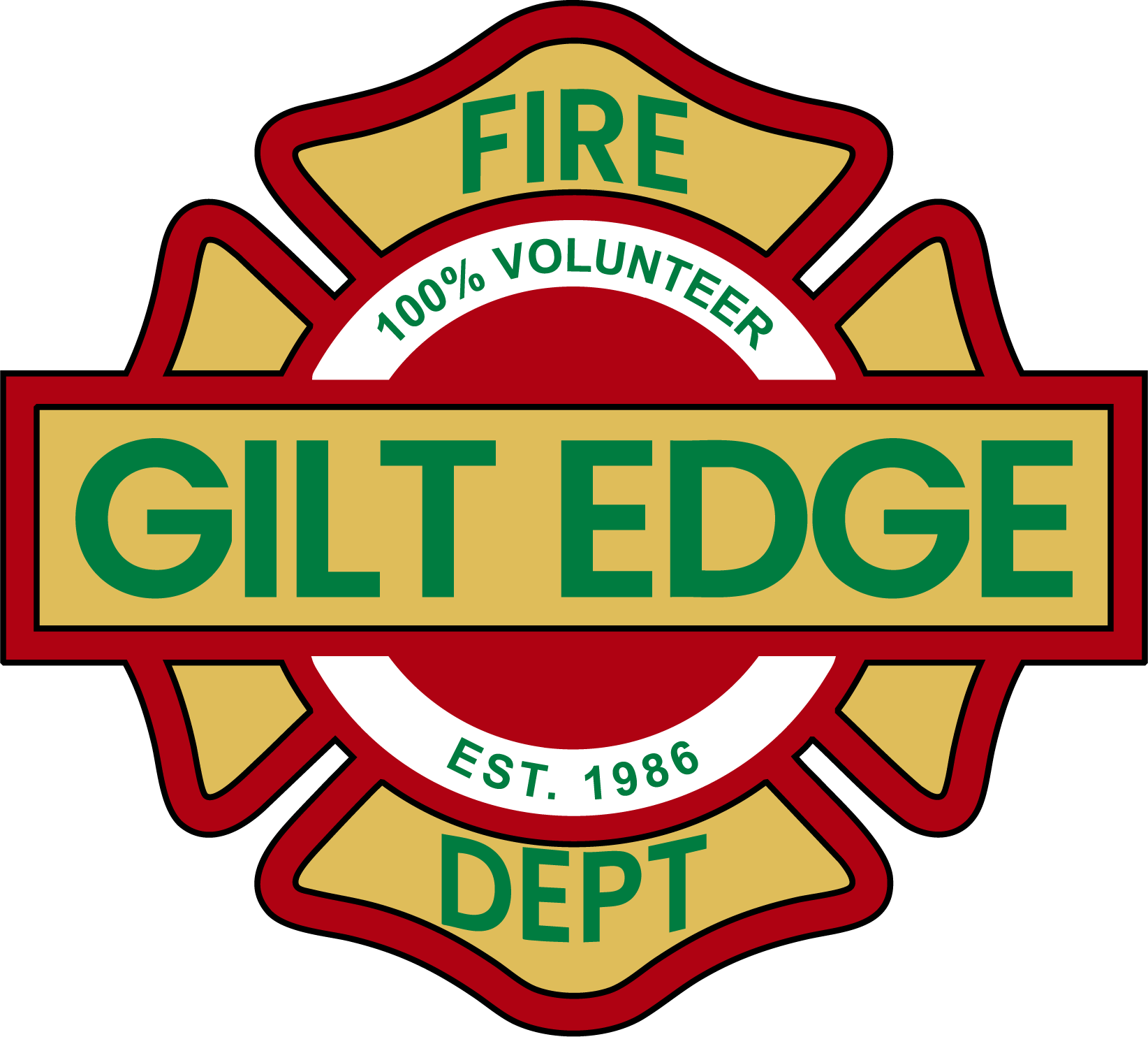 Logo of Gilt Edge Fire Department, featuring a red and gold badge with "GILT EDGE" in bold green letters across the center. It states "100% Volunteer" and "Est. 1986.