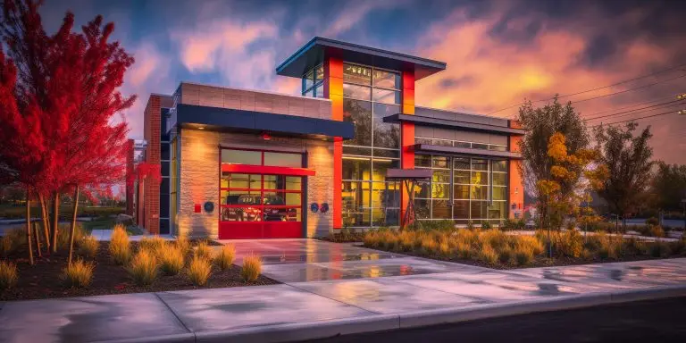 A modern commercial building with vibrant red and yellow foliage under a dramatic sunset sky.